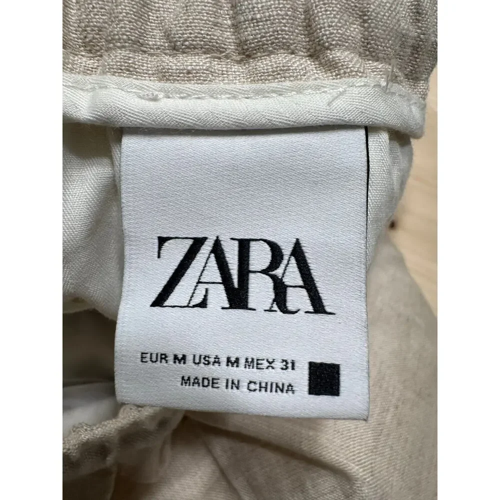 ZARA Linen Pull On Pants Womens Medium Cream Elastic Wasit Pockets High Rise